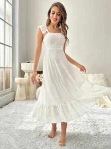 Eyelet Embroidery Ruffle Hem Night Dress - White - View 1