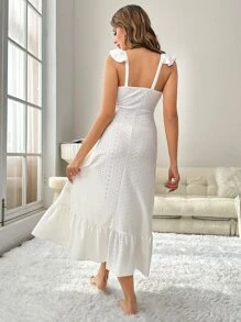 Eyelet Embroidery Ruffle Hem Night Dress - White - View 2