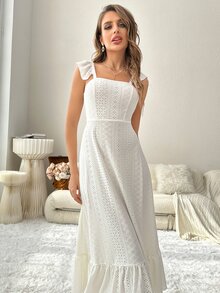 Eyelet Embroidery Ruffle Hem Night Dress - White - View 3