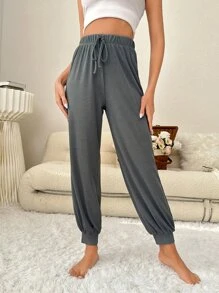 Solid Knot Waist Lounge Trousers - Dark Grey - View 1