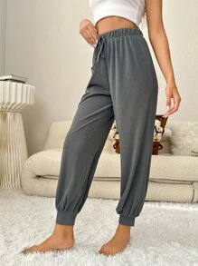 Solid Knot Waist Lounge Trousers - Dark Grey - View 3