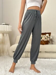 Solid Knot Waist Lounge Trousers - Dark Grey - View 4