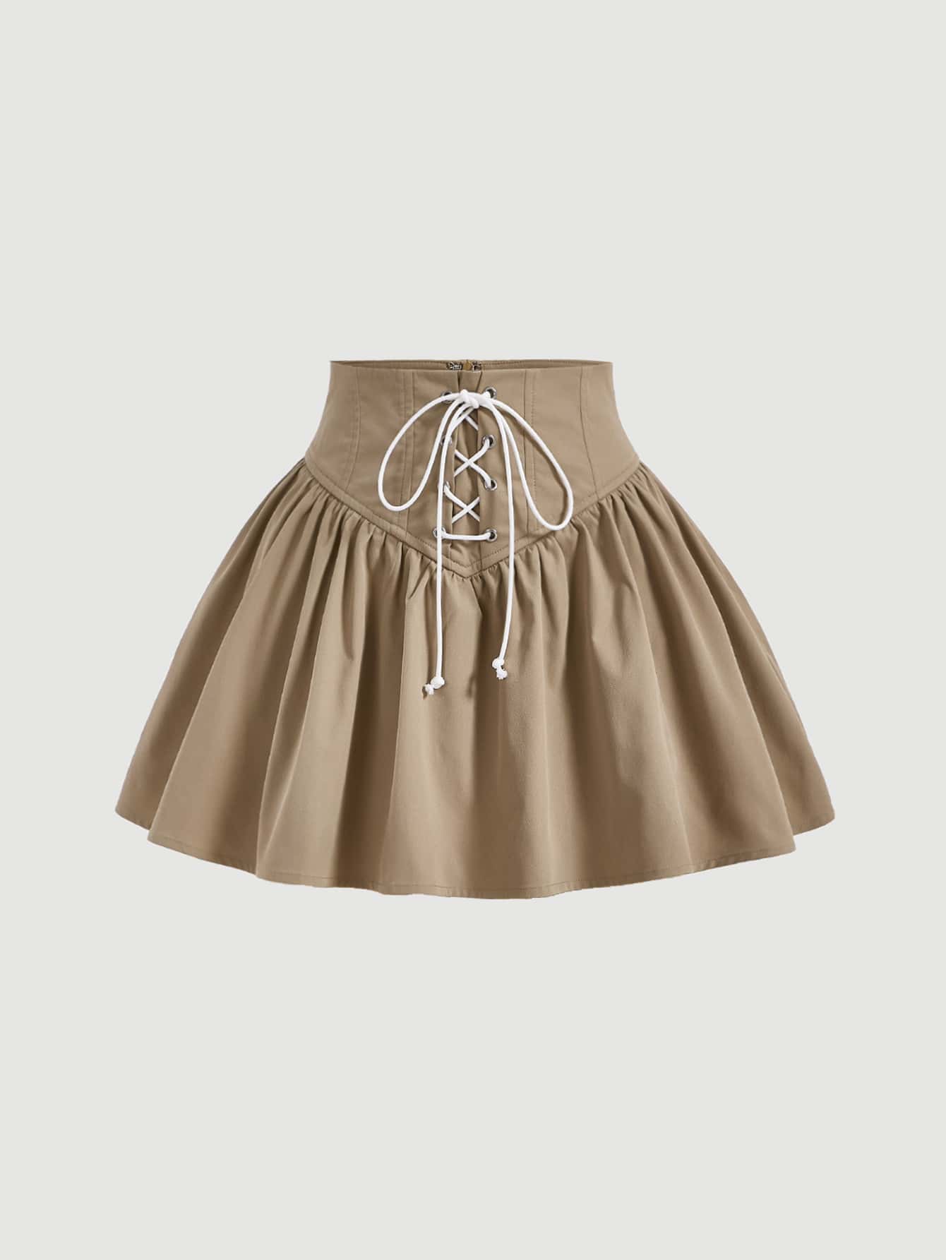 SHEIN MOD Lace Up Front Flare Skirt - Khaki - View 1