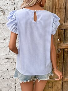 SHEIN LUNE Striped Print Butterfly Sleeve Blouse - Blue and White - View 2