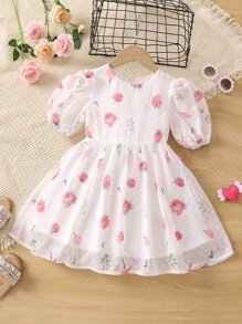 小女童印花泡泡袖洋裝