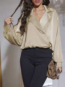 Modelyn Solid Lapel Collar Satin Blouse - Khaki - View 4