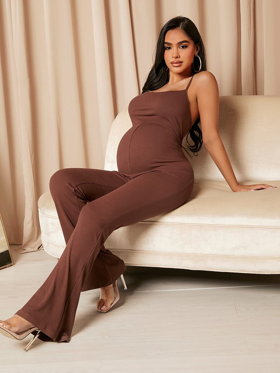 SHEIN Maternity Flare Leg Cami Jumpsuit - Brown - View 1