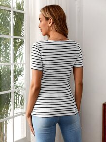SHEIN Maternity Striped Nursing Tee - Black and White - View 2