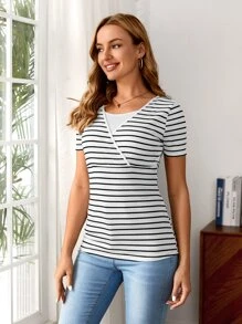 SHEIN Maternity Striped Nursing Tee - Black and White - View 7