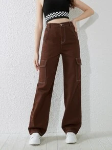 SHEIN 青少年女孩頂針側翻蓋口袋工裝牛仔褲