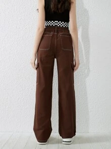 SHEIN 青少年女孩頂針側翻蓋口袋工裝牛仔褲