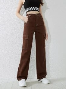 SHEIN 青少年女孩頂針側翻蓋口袋工裝牛仔褲