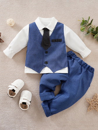 Yierying 男嬰撞色打結二合一襯衫和褲子