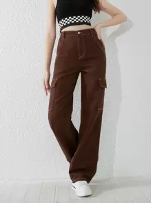 SHEIN 青少年女孩頂針側翻蓋口袋工裝牛仔褲