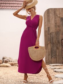 Breezaya Surplice Neck Split Hem Dress - Red Violet - View 2