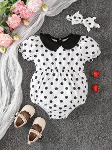 嬰兒波點圖案泡泡袖連體衣和頭巾 - 黑與白 - 查看 1