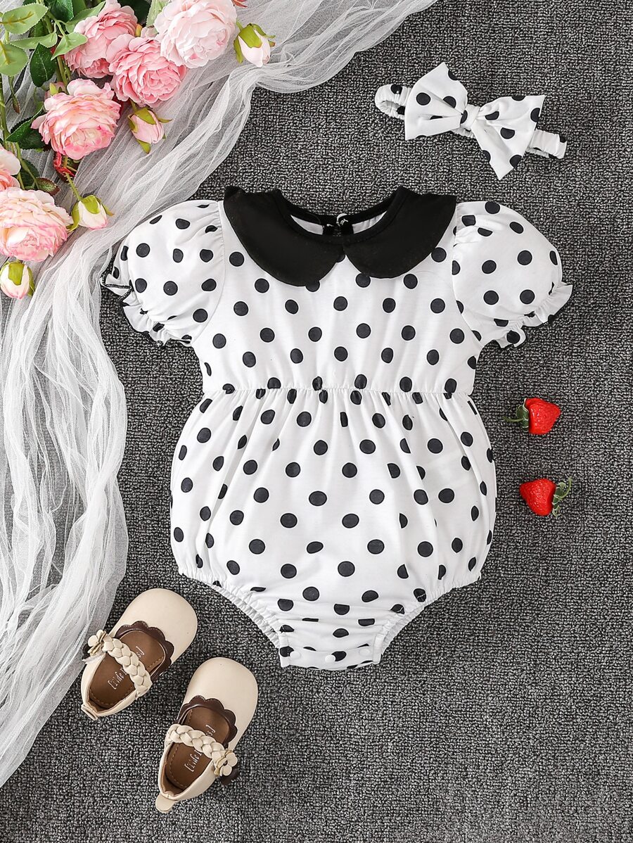 嬰兒波點圖案泡泡袖連體衣和頭巾 - 黑與白 - 查看 1
