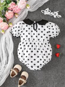 嬰兒波點圖案泡泡袖連體衣和頭巾 - 黑與白 - 查看 2
