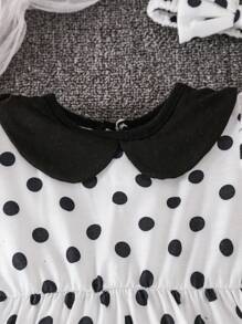 嬰兒波點圖案泡泡袖連體衣和頭巾 - 黑與白 - 查看 3