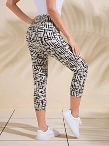 EMERY ROSE Women's Casual High-Waisted Graphic Printed Cropped Leggings Tights Capris - Black and White - View 2