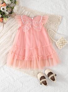 Bebé Vestido de malla con mariposa aplique ribete con fruncido - Rosa - Ver 1