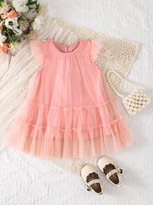 Bebé Vestido de malla con mariposa aplique ribete con fruncido - Rosa - Ver 2