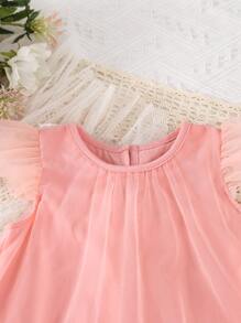 Bebé Vestido de malla con mariposa aplique ribete con fruncido - Rosa - Ver 3