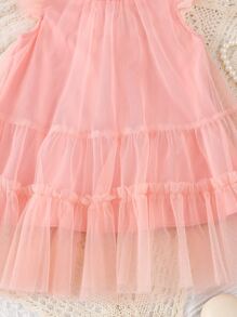 Bebé Vestido de malla con mariposa aplique ribete con fruncido - Rosa - Ver 5