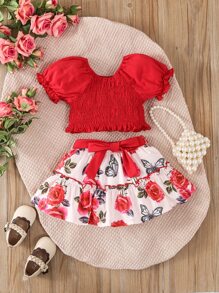 Baby Ruffle Trim Shirred Blouse & Floral Print Skirt - Red and White - View 1