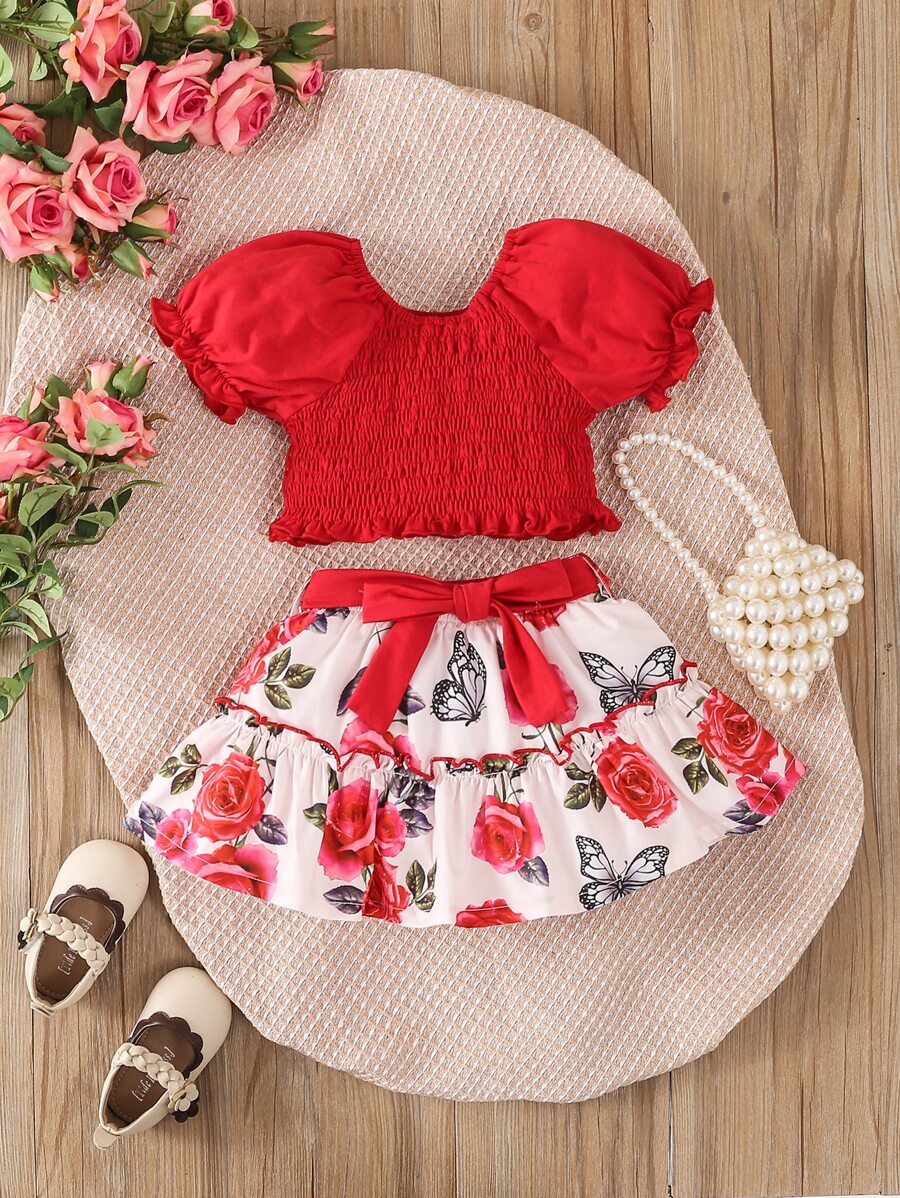 Baby Ruffle Trim Shirred Blouse & Floral Print Skirt - Red and White - View 1