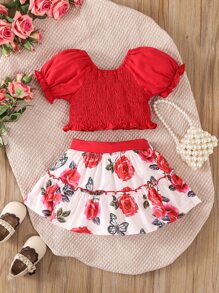 Baby Ruffle Trim Shirred Blouse & Floral Print Skirt - Red and White - View 2