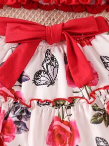 Baby Ruffle Trim Shirred Blouse & Floral Print Skirt - Red and White - View 4