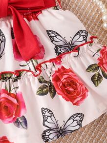 Baby Ruffle Trim Shirred Blouse & Floral Print Skirt - Red and White - View 7