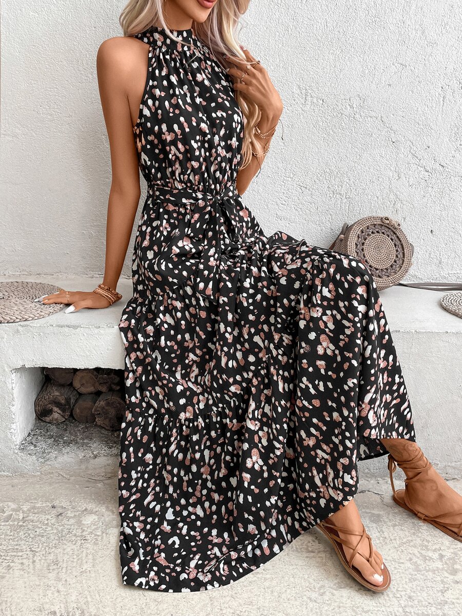 Breezaya Đầm Thắt lưng Viên lá sen Tất cả trên in Giải trí - màu đen - Xem 1