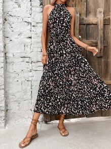 Breezaya Đầm Thắt lưng Viên lá sen Tất cả trên in Giải trí - màu đen - Xem 3