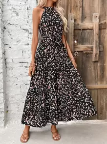 Breezaya Đầm Thắt lưng Viên lá sen Tất cả trên in Giải trí - màu đen - Xem 4