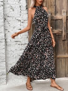 Breezaya Đầm Thắt lưng Viên lá sen Tất cả trên in Giải trí - màu đen - Xem 6