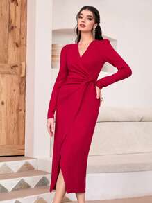 Modelyn Twist Front Wrap Hem Dress - Red - View 3