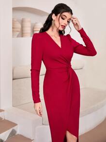 Modelyn Twist Front Wrap Hem Dress - Red - View 5