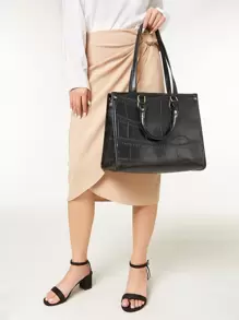 Waterproof,Lightweight,Business Casual,Large Capacity 2pcs Minimalist Crocodile Embossed Tote Bag With Clutch Bag, Best Work Bag For Women For Teen Girls Women College Students,Rookies & White-Collar Workers Perfect For Office,College,Work ,Business,Commute - Black - View 1