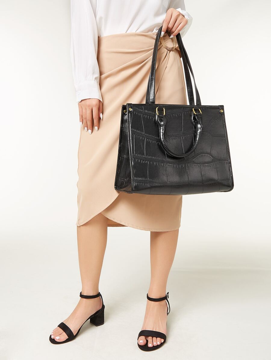 Waterproof,Lightweight,Business Casual,Large Capacity 2pcs Minimalist Crocodile Embossed Tote Bag With Clutch Bag, Best Work Bag For Women For Teen Girls Women College Students,Rookies & White-Collar Workers Perfect For Office,College,Work ,Business,Commute - Black - View 1