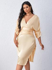 SHEIN Privé Vestido fruncido delantero de espalda abierta con cordón de muslo con abertura de satén - Albaricoque - Ver 3