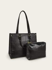 Waterproof,Lightweight,Business Casual,Large Capacity 2pcs Minimalist Crocodile Embossed Tote Bag With Clutch Bag, Best Work Bag For Women For Teen Girls Women College Students,Rookies & White-Collar Workers Perfect For Office,College,Work ,Business,Commute - Black - View 2