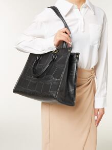 Waterproof,Lightweight,Business Casual,Large Capacity 2pcs Minimalist Crocodile Embossed Tote Bag With Clutch Bag, Best Work Bag For Women For Teen Girls Women College Students,Rookies & White-Collar Workers Perfect For Office,College,Work ,Business,Commute - Black - View 5