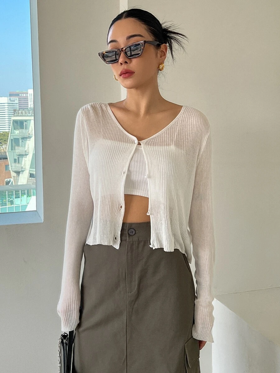 DAZY 羅紋針織紐扣前開襟衫 - 米色 - 查看 1