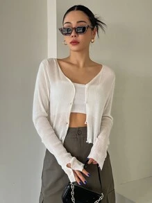 DAZY 羅紋針織紐扣前開襟衫 - 米色 - 查看 4