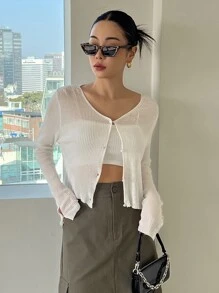 DAZY 羅紋針織紐扣前開襟衫 - 米色 - 查看 5