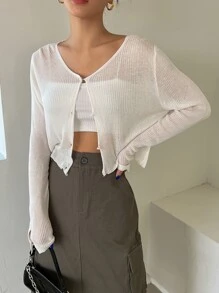 DAZY 羅紋針織紐扣前開襟衫 - 米色 - 查看 6