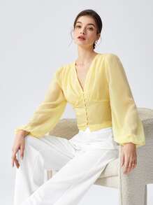 BizChic 胸部褶皺燈籠袖襯衫工作服 - 黃色 - 查看 3