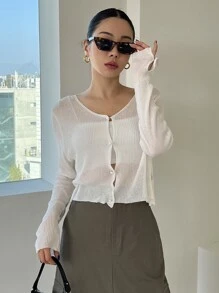 DAZY 羅紋針織紐扣前開襟衫 - 米色 - 查看 8